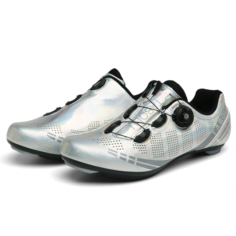 Self-locking cycling shoe with dual rotary dials and perforated breathable upper