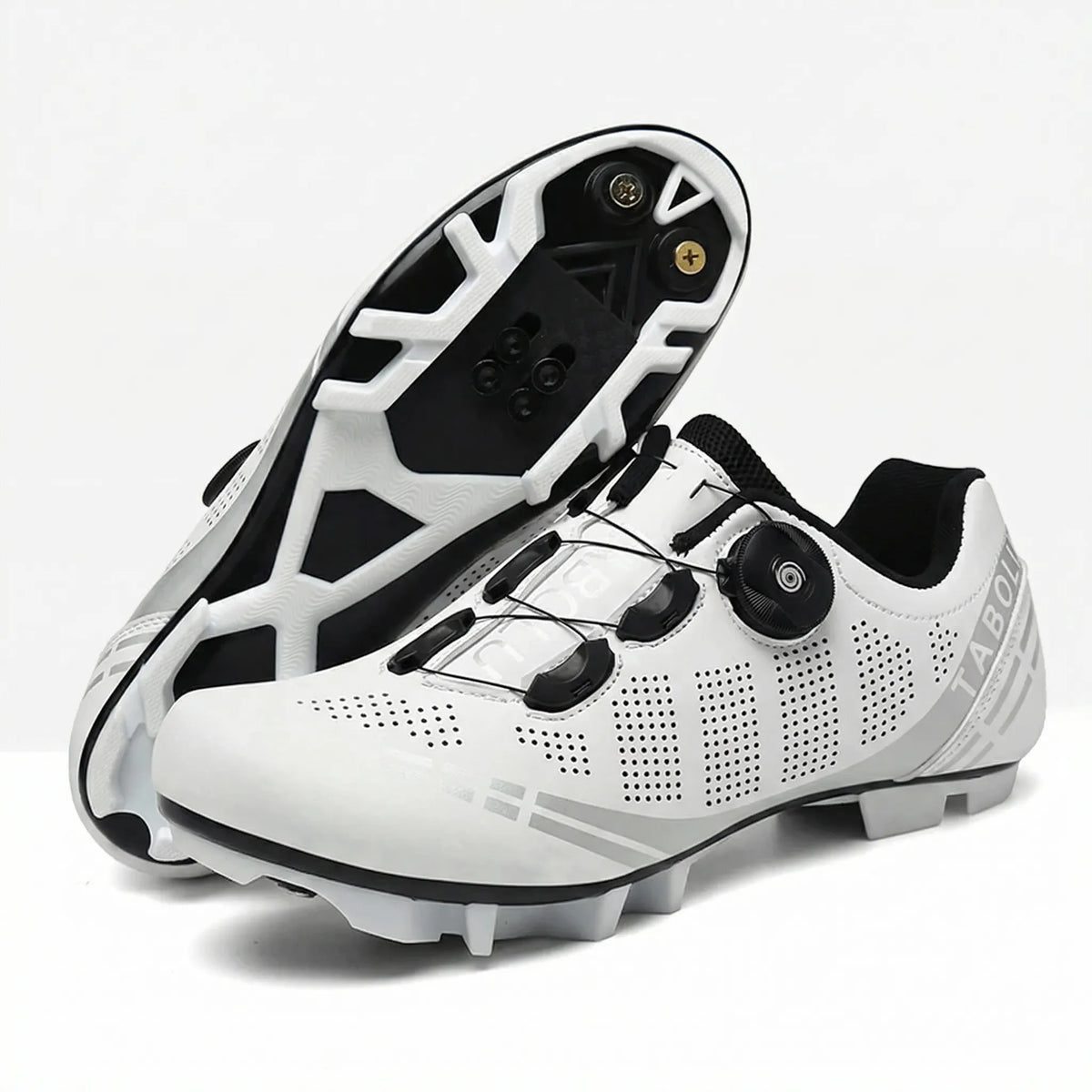 Self-locking cycling shoe with dual rotary dials and perforated breathable upper
