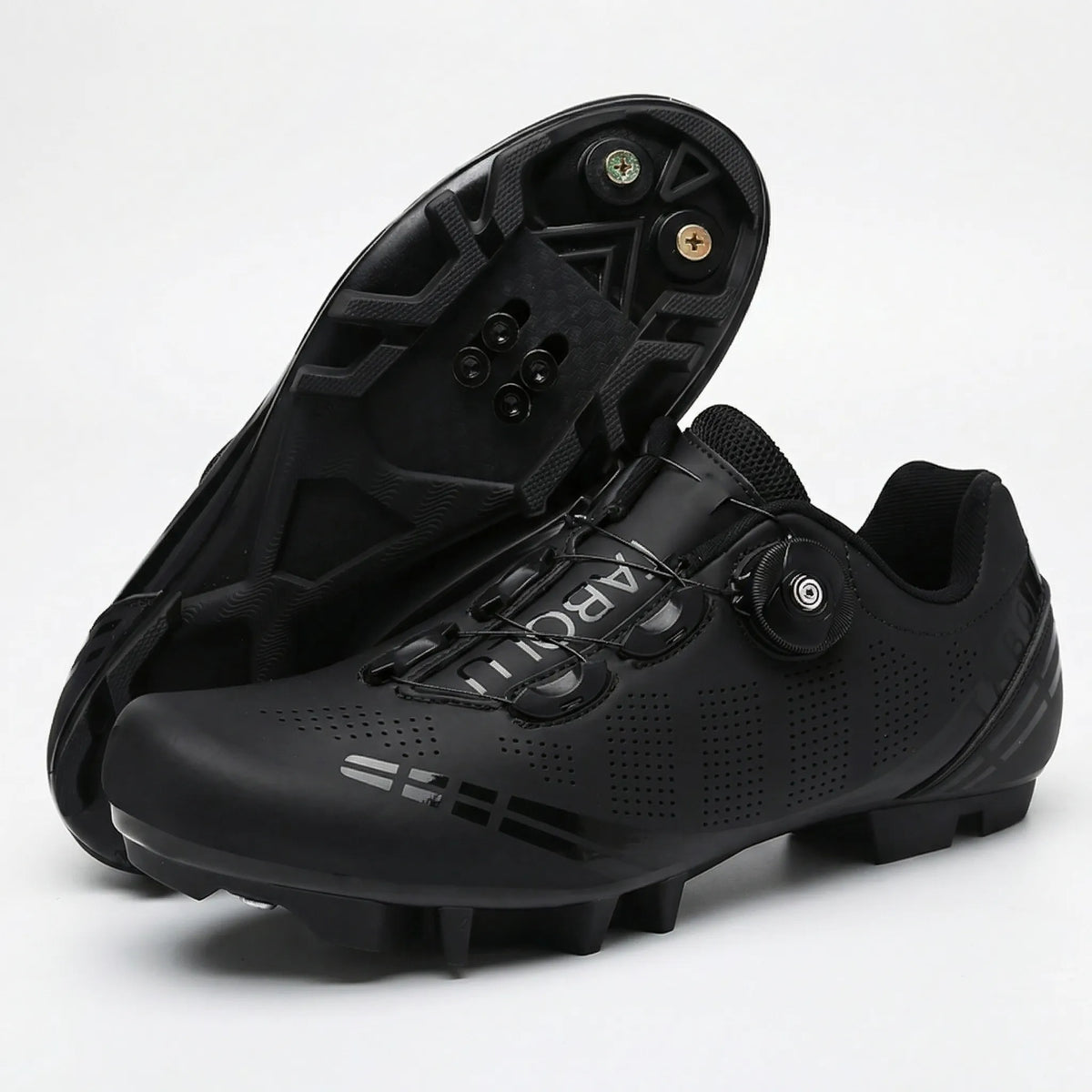 Self-locking cycling shoe with dual rotary dials and perforated breathable upper