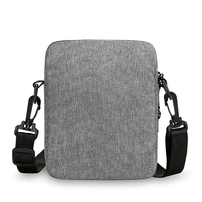 Men's small square crossbody bag with zip compartments and woven material
