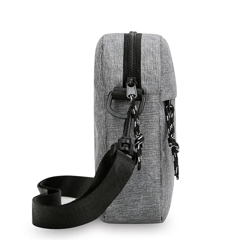 Men's small square crossbody bag with zip compartments and woven material
