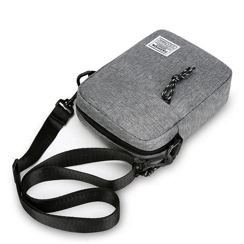 Men's small square crossbody bag with zip compartments and woven material