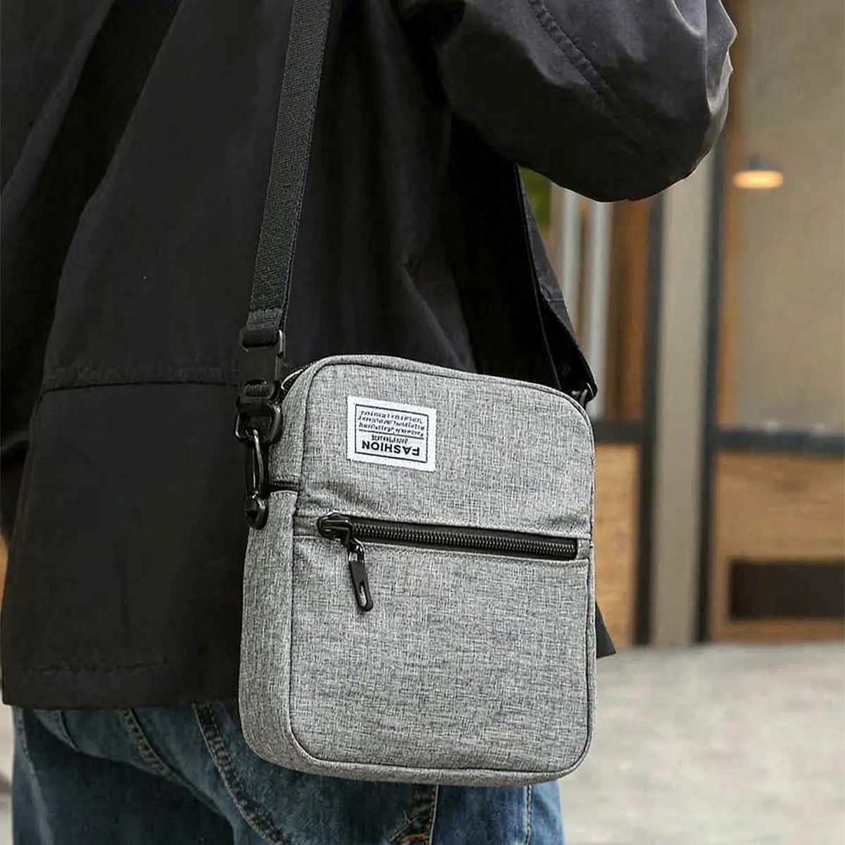 Men's small square crossbody bag with zip compartments and woven material