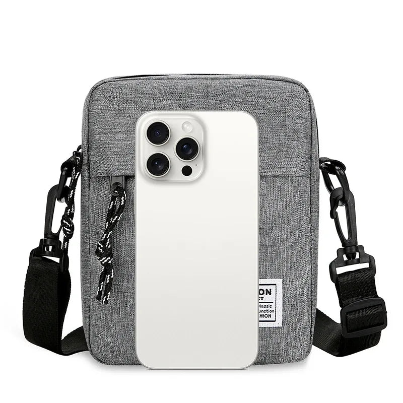 Men's small square crossbody bag with zip compartments and woven material