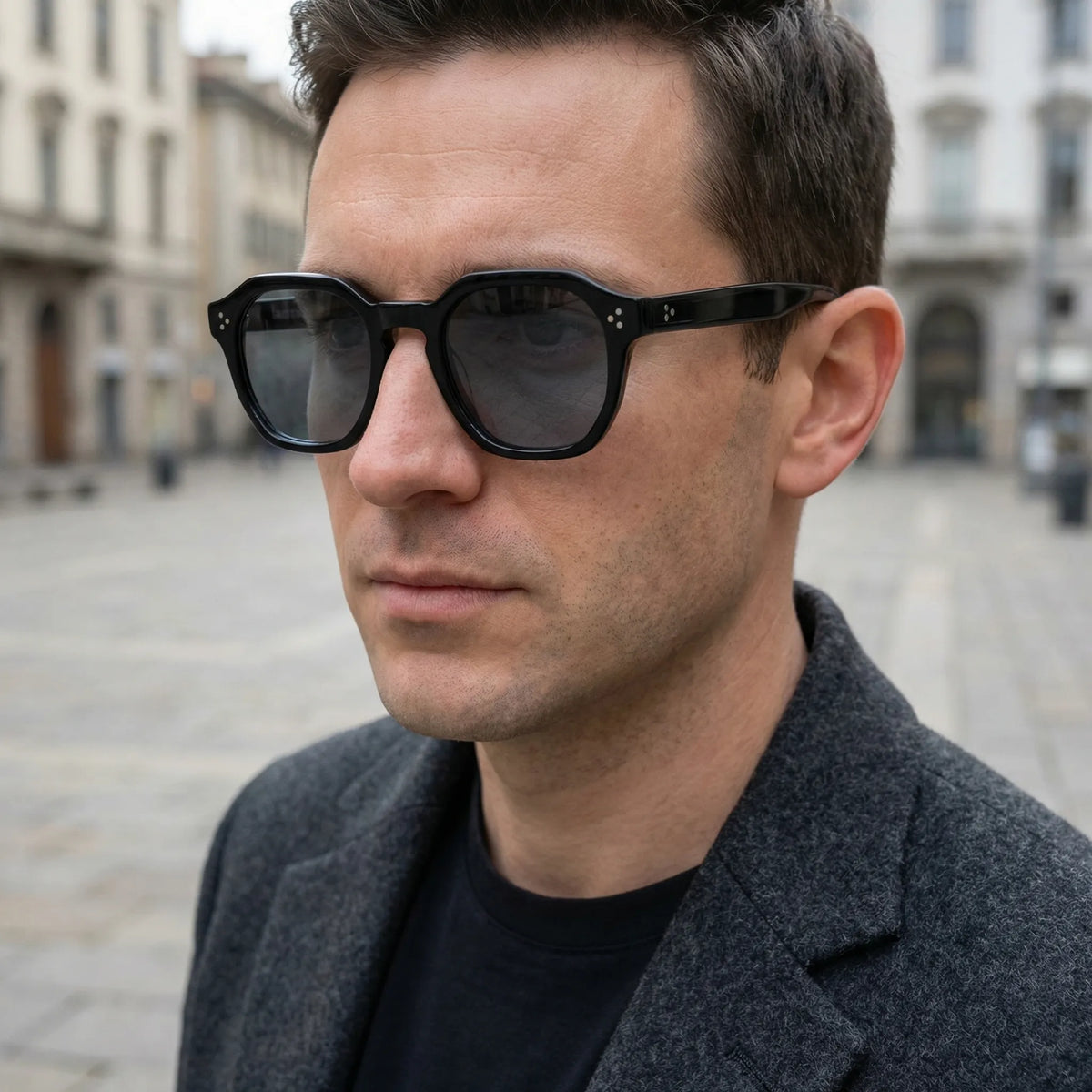 Small square frame sunglasses with rivet detailing and multiple lens colour options