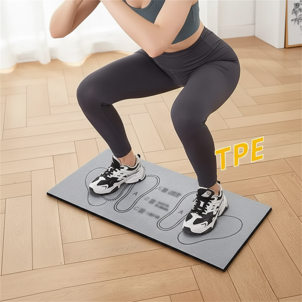 Compact squat guide mat with printed foot placement for exercise training