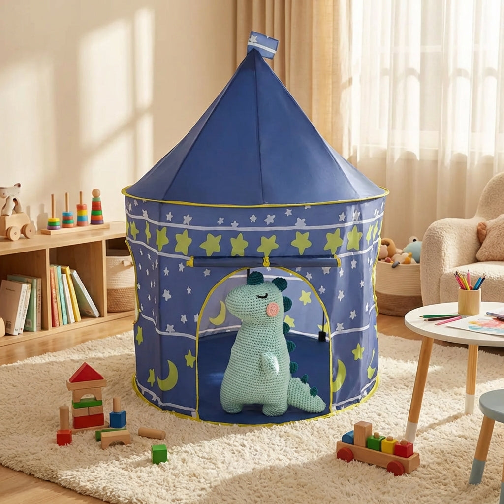 Kids night sky play tent with castle design and pop-up setup