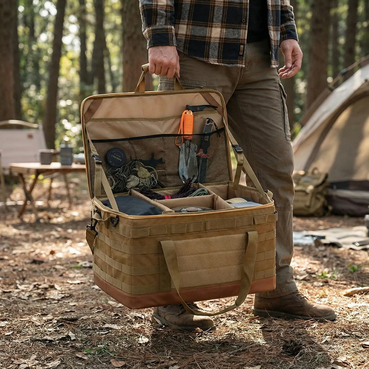 Large foldable camping organiser bag with removable dividers