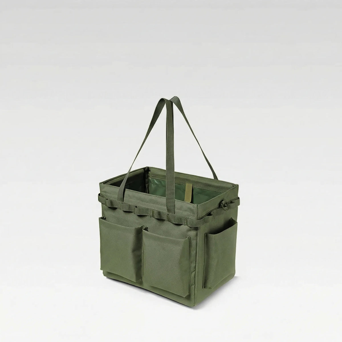 Foldable outdoor organiser bag with multiple pockets and rigid base