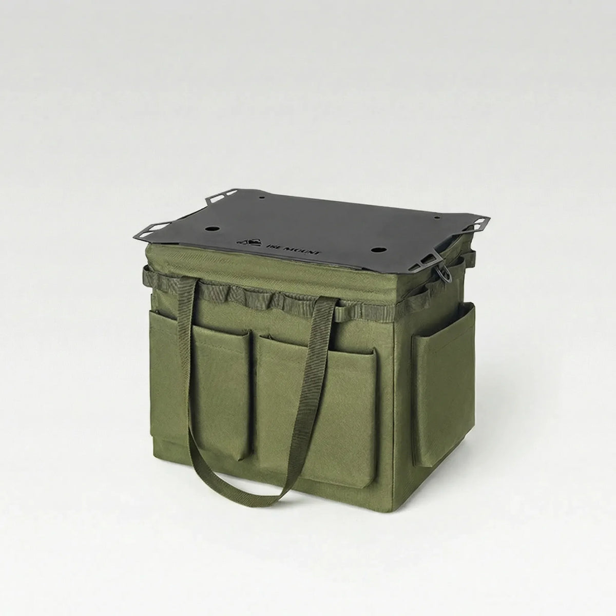 Foldable outdoor organiser bag with multiple pockets and rigid base