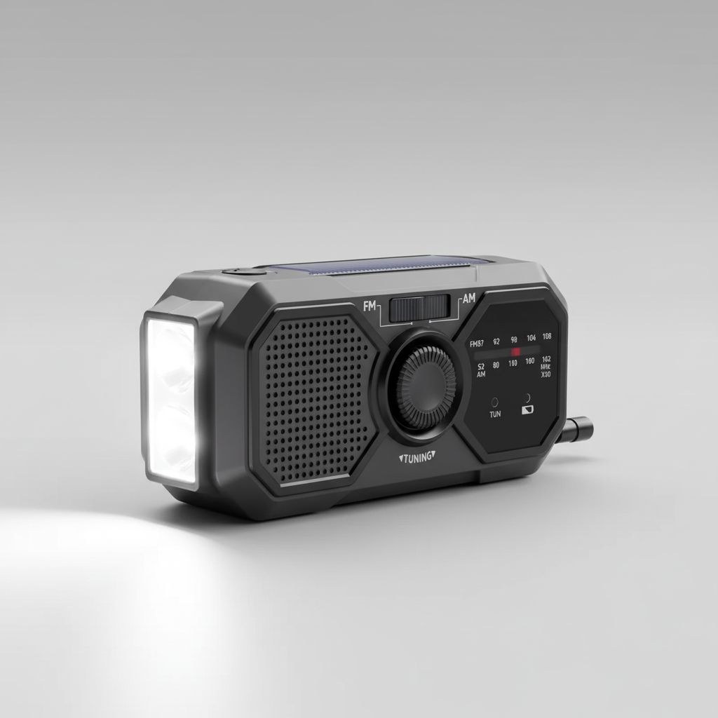 Compact emergency radio with solar panel, hand crank charging and torch