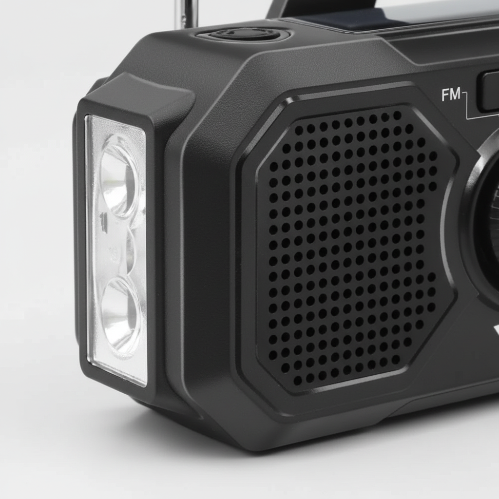 Compact emergency radio with solar panel, hand crank charging and torch