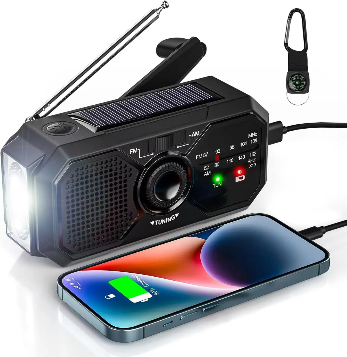 Compact emergency radio with solar panel, hand crank charging and torch