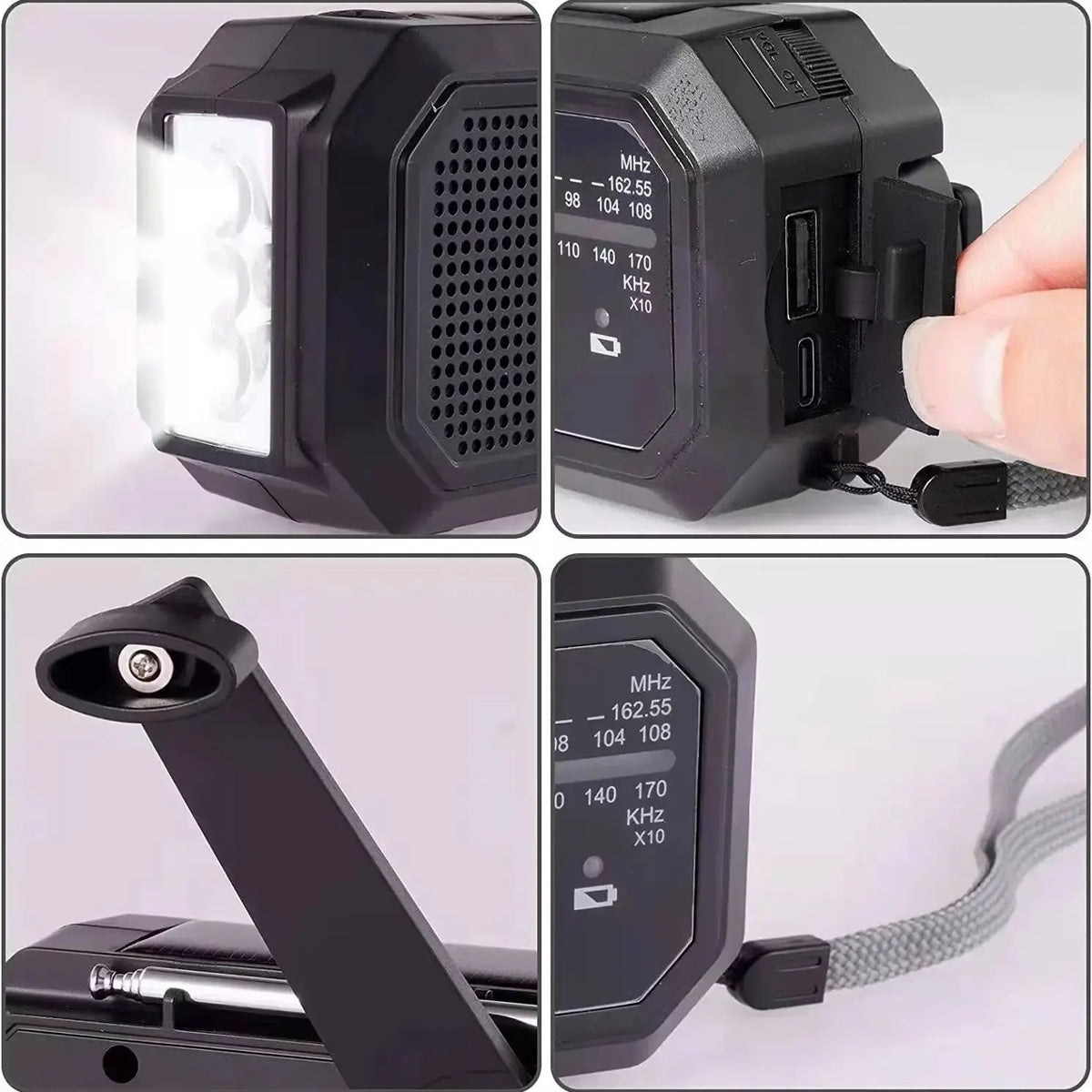 Compact emergency radio with solar panel, hand crank charging and torch