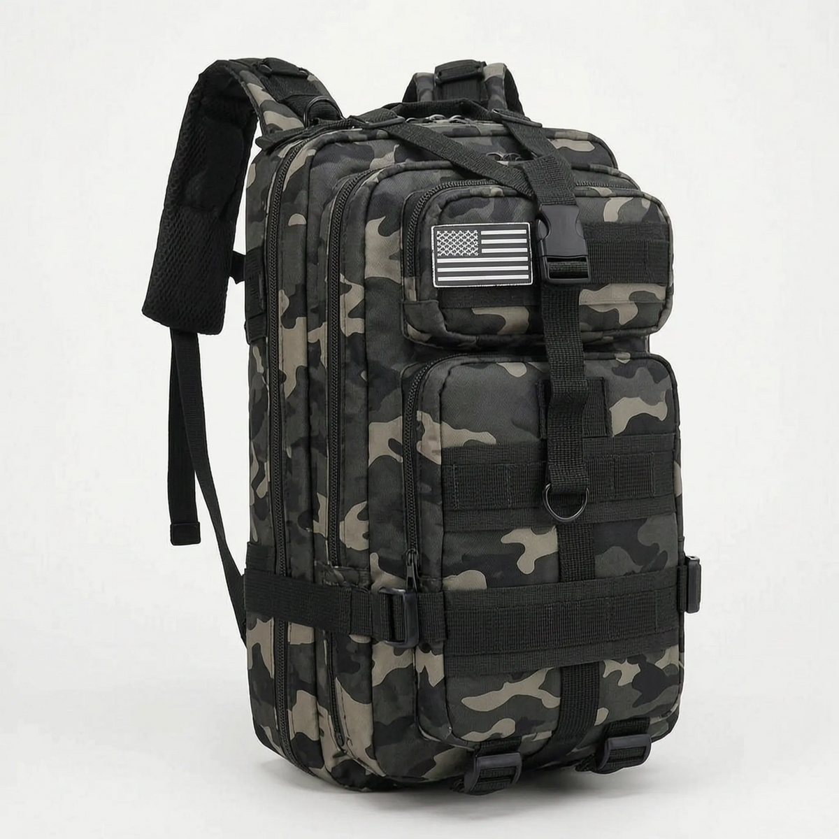Tactical backpack with modular webbing, multiple compartments and padded straps