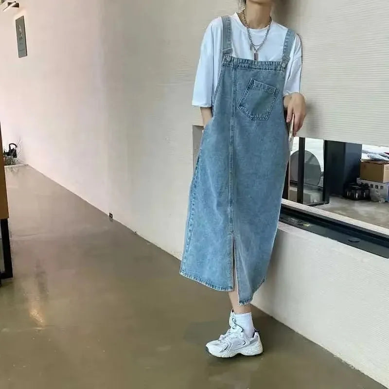 Denim dungaree midi dress with relaxed fit and adjustable straps