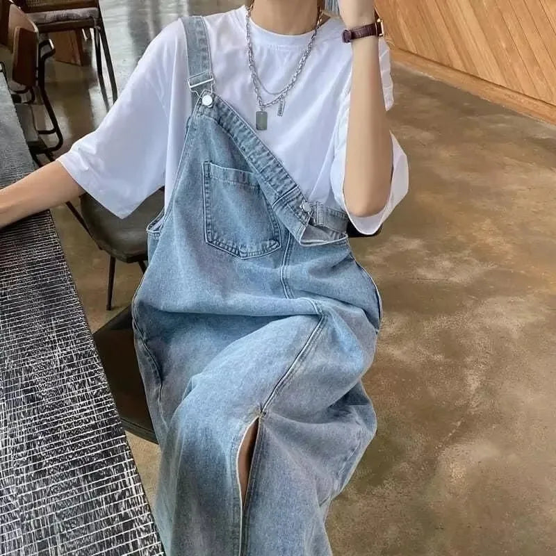 Denim dungaree midi dress with relaxed fit and adjustable straps
