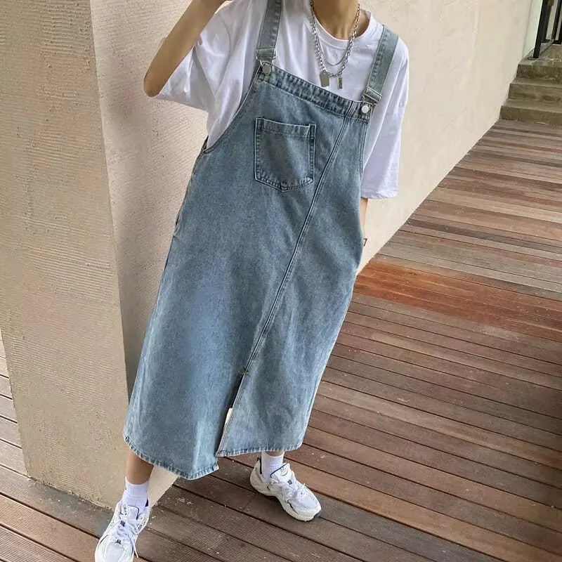Denim dungaree midi dress with relaxed fit and adjustable straps