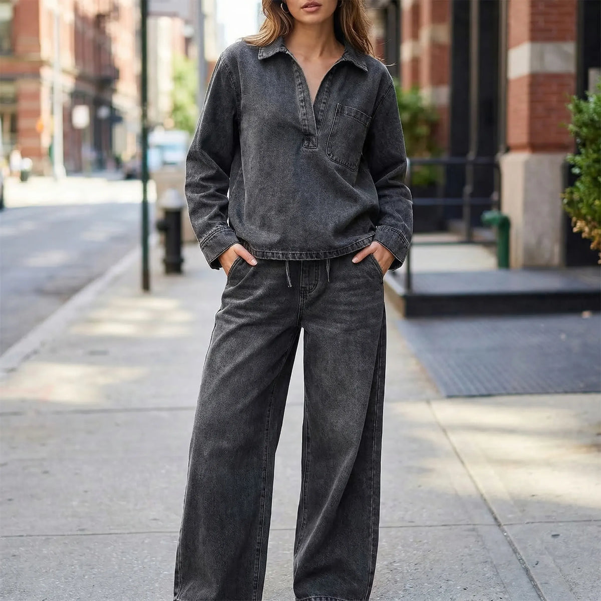 Washed denim co-ord set with relaxed top and wide-leg trousers