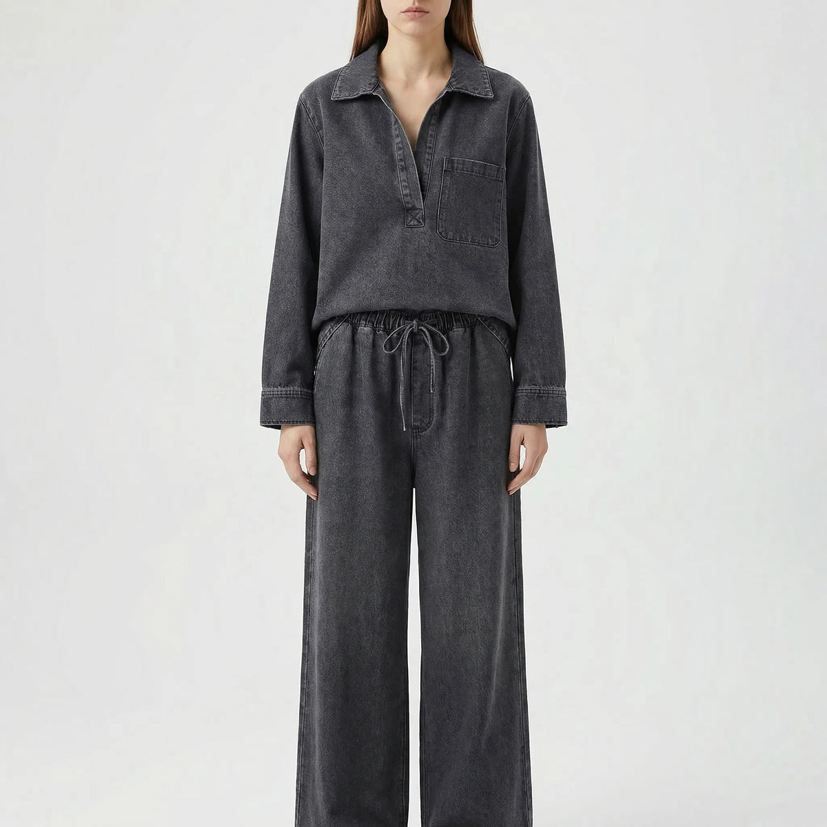 Washed denim co-ord set with relaxed top and wide-leg trousers