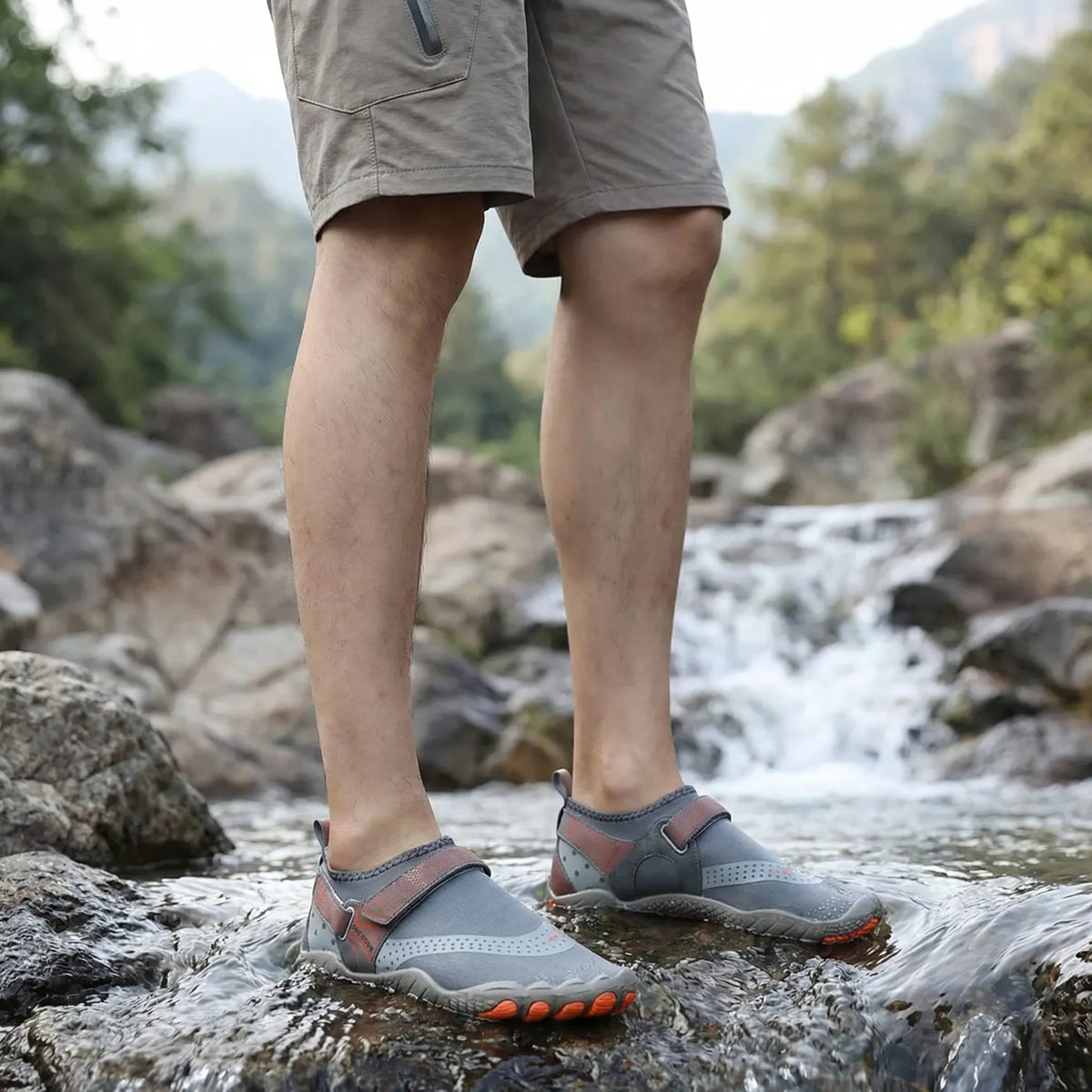 Quick-dry water shoes with textured rubber sole for grip and barefoot-inspired design