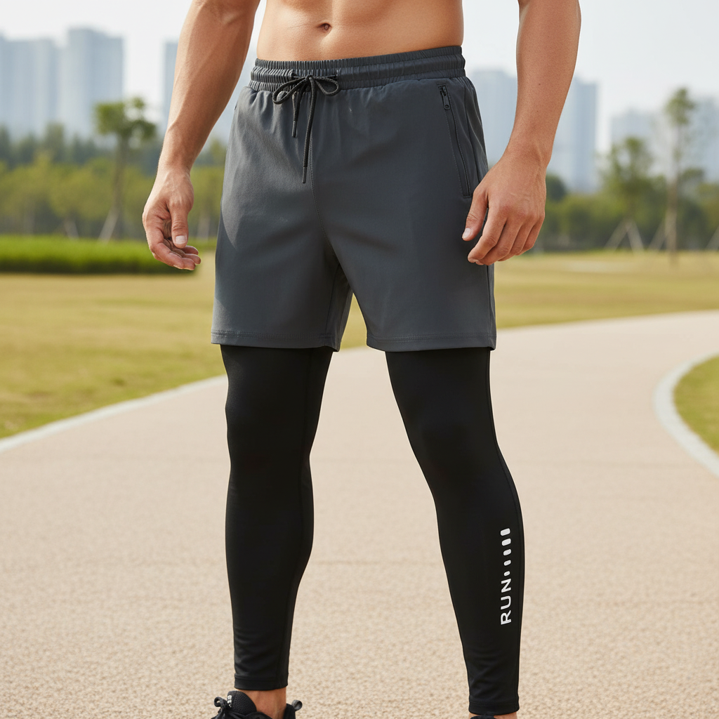 Men's two-in-one training pants with compression layer and outer shorts
