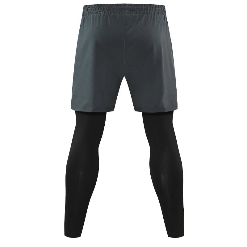 Men's two-in-one training pants with compression layer and outer shorts