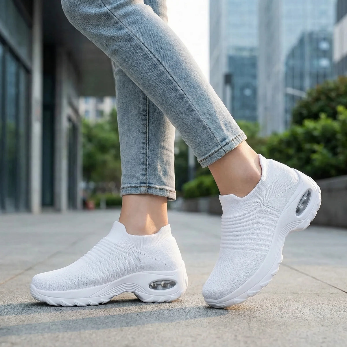 Women's slip-on trainer with padded platform sole and breathable mesh