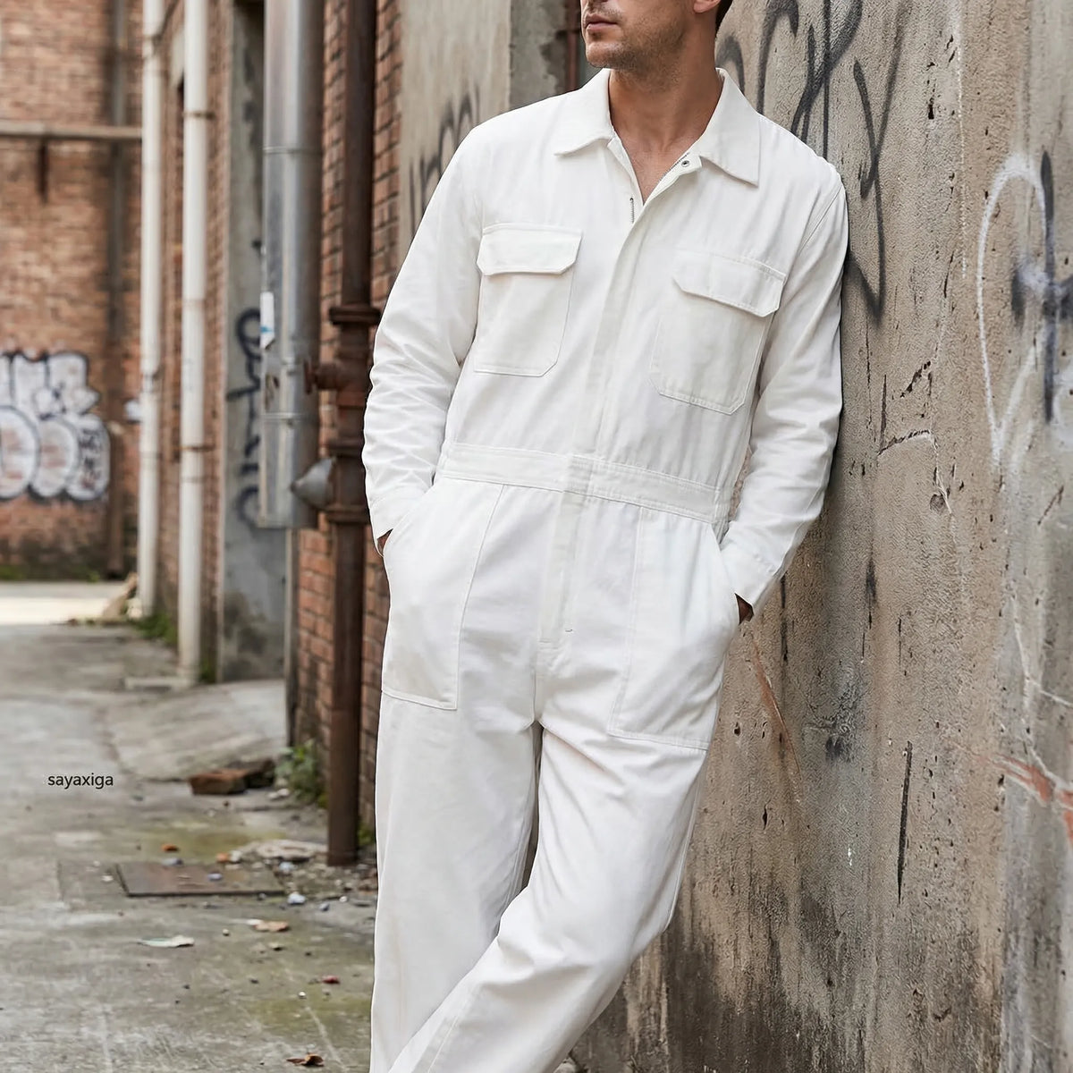 Men's long-sleeve white jumpsuit with cargo pockets and structured shirt collar