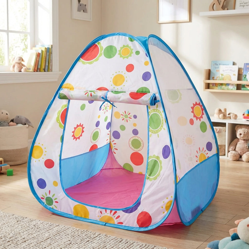 Kids pop-up play tent with sunflower design, portable with carry case