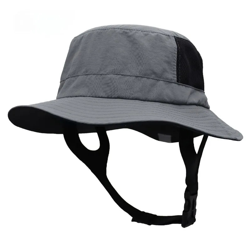 Mesh bucket hat with UPF50+ sun rating and adjustable chin strap
