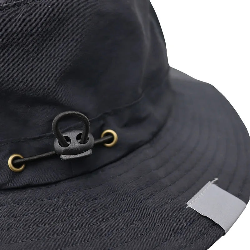Mesh bucket hat with UPF50+ sun rating and adjustable chin strap