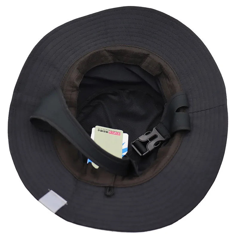Mesh bucket hat with UPF50+ sun rating and adjustable chin strap