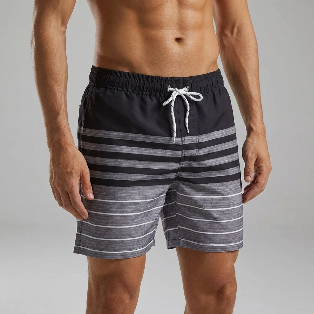 Men's quick-dry striped swim shorts with pockets and elastic waistband
