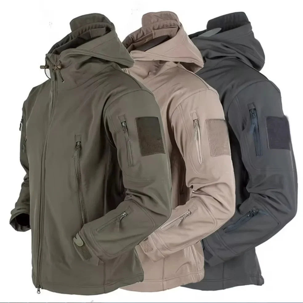 Tactical soft shell jacket with wind-resistant fabric and adjustable hood