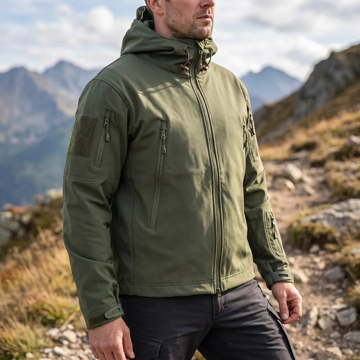 Tactical soft shell jacket with wind-resistant fabric and adjustable hood