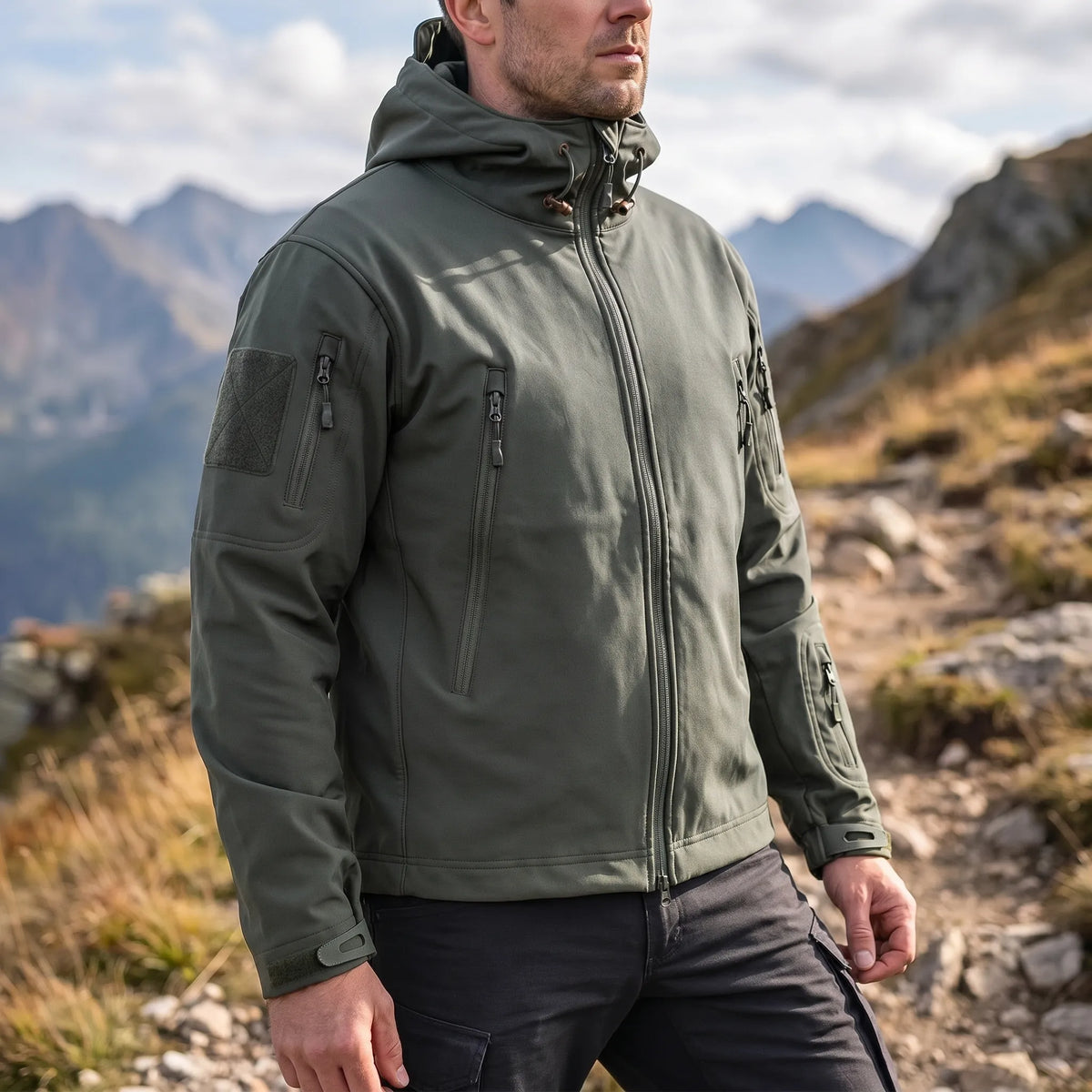 Tactical soft shell jacket with wind-resistant fabric and adjustable hood