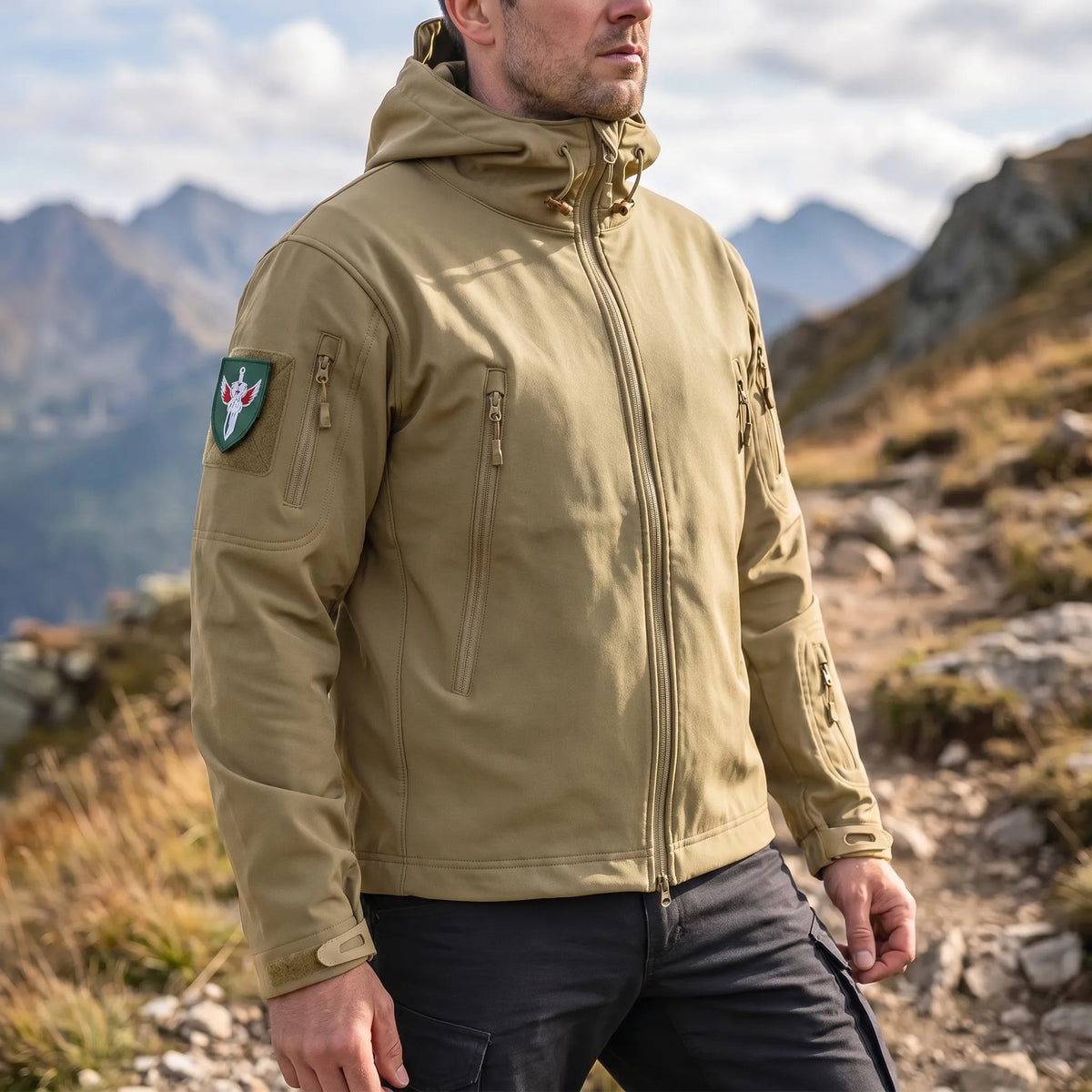 Tactical soft shell jacket with wind-resistant fabric and adjustable hood