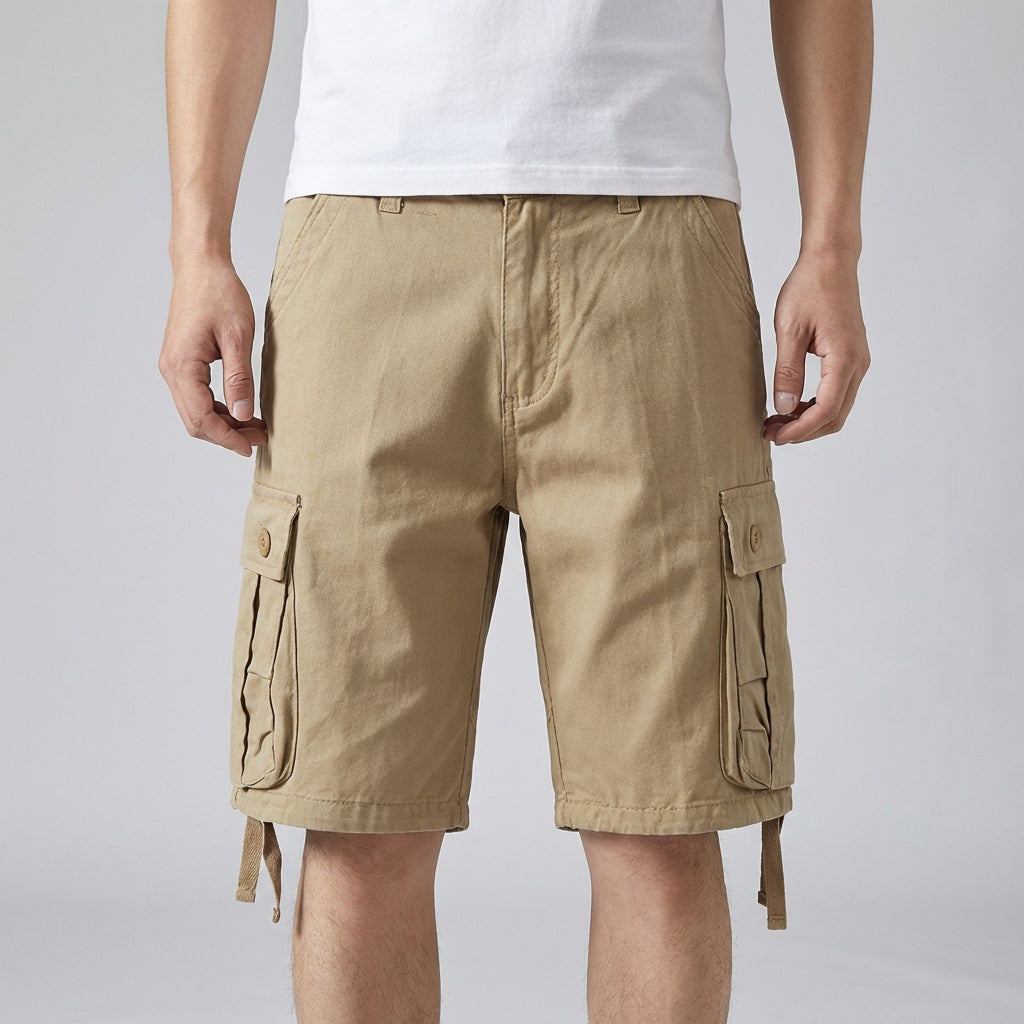Knee length cargo shorts with multiple pockets and breathable woven fabric