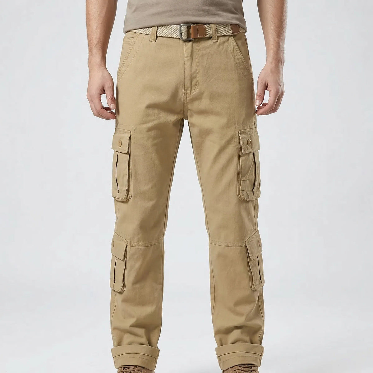 Men's tactical cargo trousers with multiple buttoned pockets relaxed straight-leg fit
