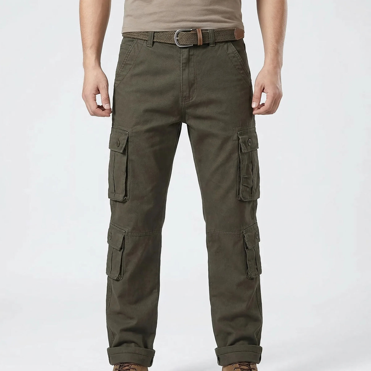 Men's tactical cargo trousers with multiple buttoned pockets relaxed straight-leg fit