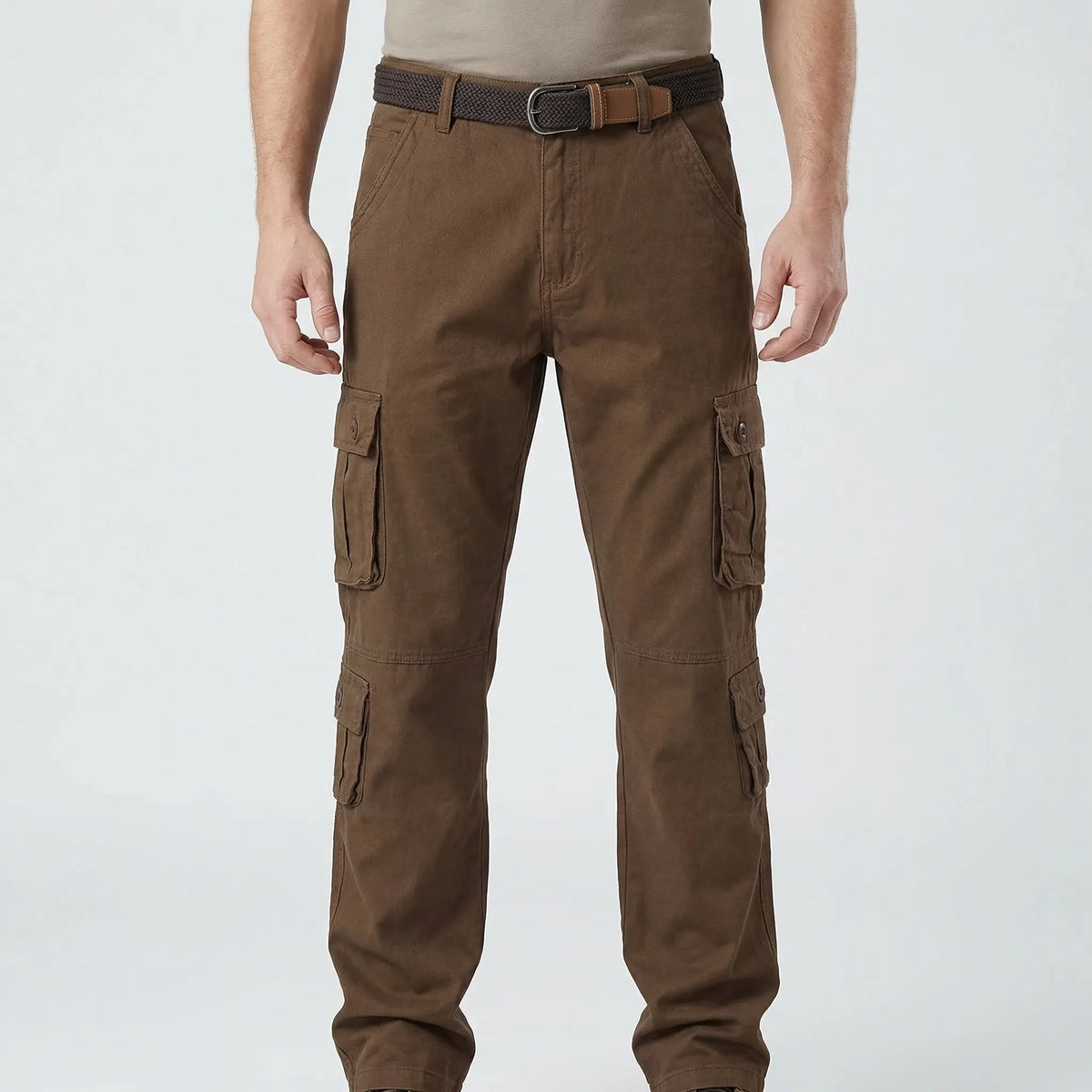 Men's tactical cargo trousers with multiple buttoned pockets relaxed straight-leg fit