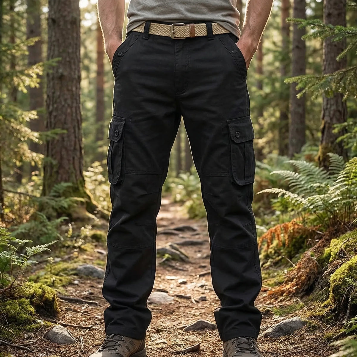 Men's tactical cargo trousers with multiple buttoned pockets relaxed straight-leg fit