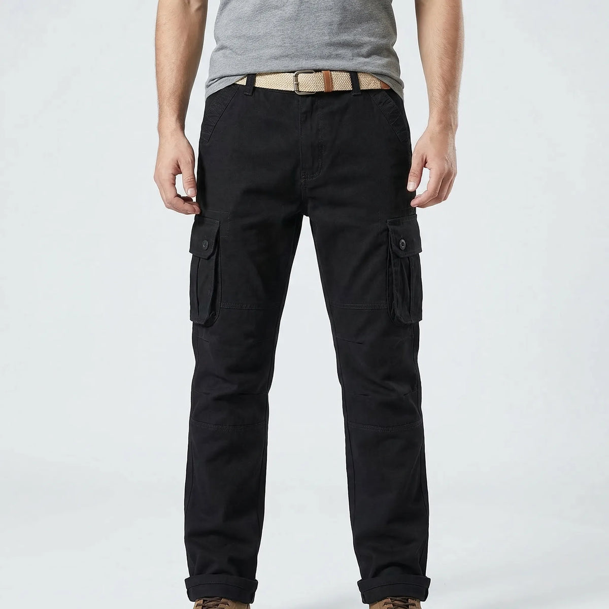 Men's tactical cargo trousers with multiple buttoned pockets relaxed straight-leg fit