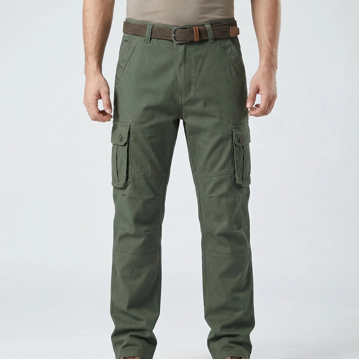 Men's tactical cargo trousers with multiple buttoned pockets relaxed straight-leg fit