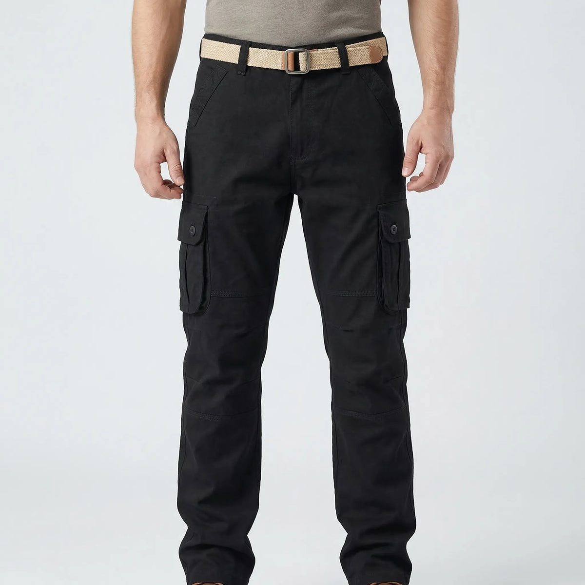 Men's tactical cargo trousers with multiple buttoned pockets relaxed straight-leg fit