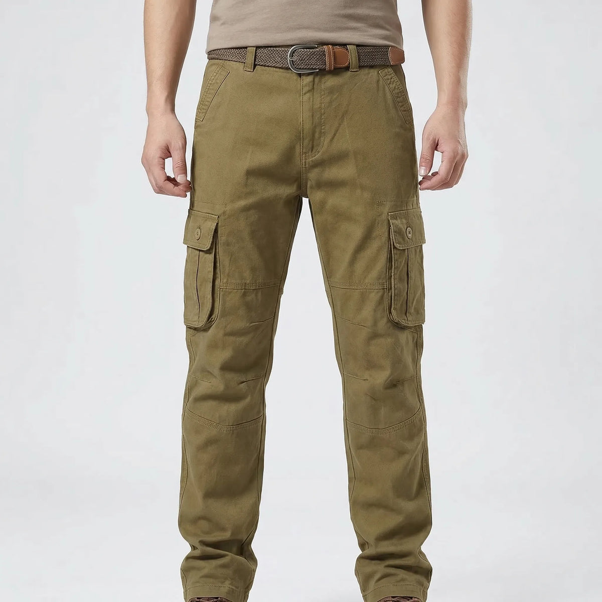 Men's tactical cargo trousers with multiple buttoned pockets relaxed straight-leg fit