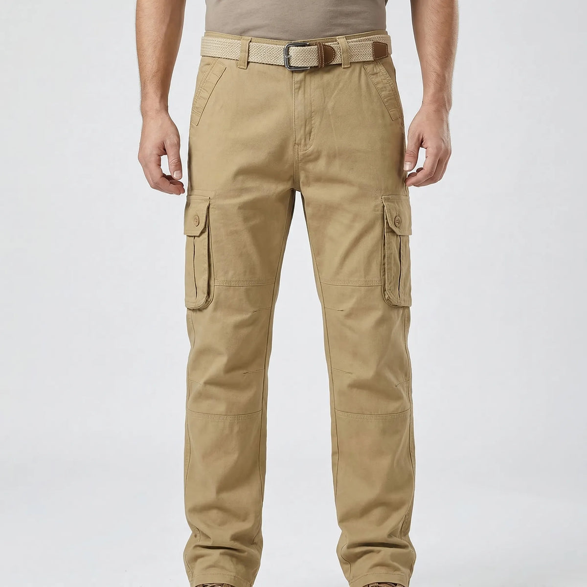 Men's tactical cargo trousers with multiple buttoned pockets relaxed straight-leg fit