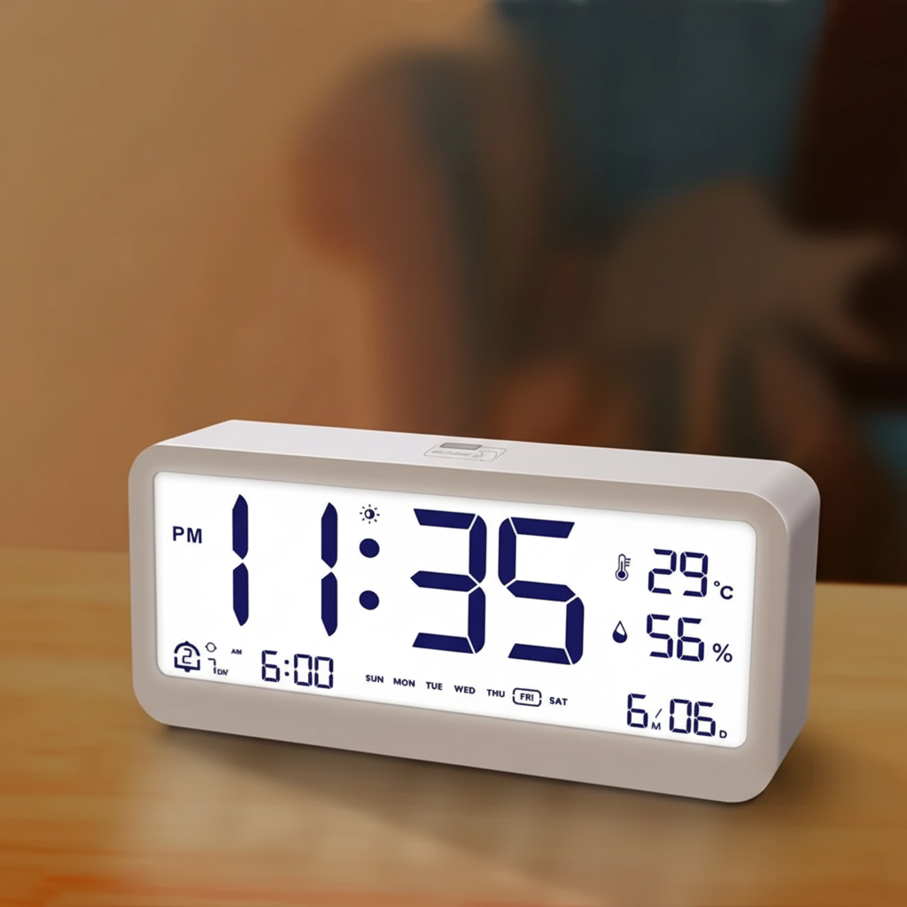 Digital LED alarm clock with temperature and humidity display