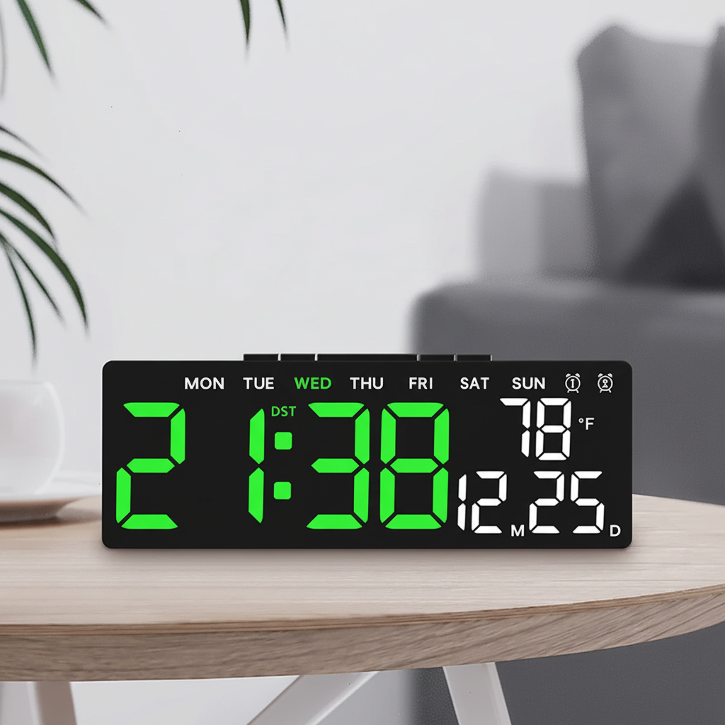 Modern digital alarm clock with LED display showing time and temperature